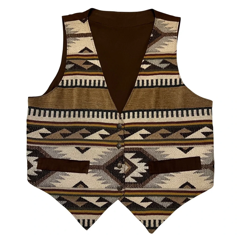 Southwestern Aztec Geometric Pattern Tapestry Vest Brown Button Front Size XL